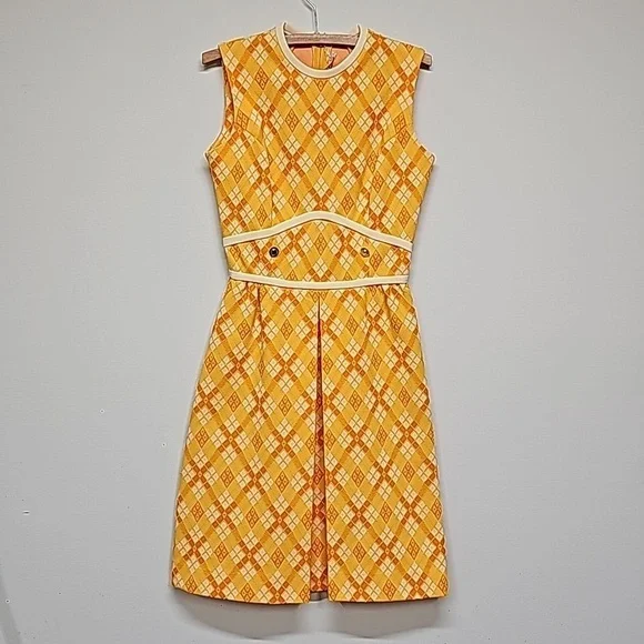 Patty Woodard Vtg 70's argyle dress, yellow orange white, SL, fitted, A-line - Picture 1 of 10